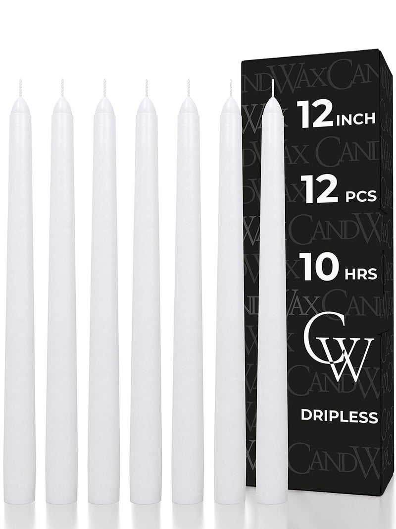 CANDWAX 12 inch White Taper Candles - Set of 12 Candle Sticks Ideal for Christmas Decorations - Dripless Smokeless Long Burning Unscented White Candlesticks - Tapered Christmas Candles for Home Decor - Image 1
